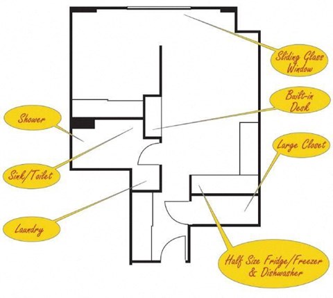 Floor plan for 1 bed, 1 bath, 629 sqft